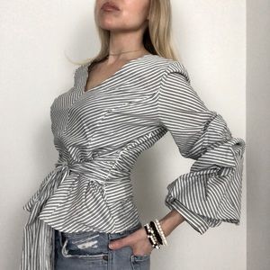 White/Black Stripe Puffed Sleeves V Neck Blouse